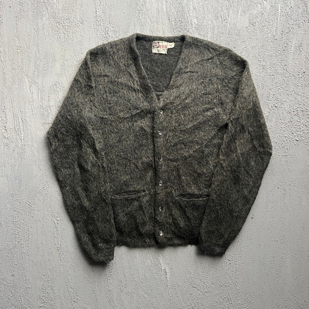 Vintage Revere Mohair Cardigan Large Gray 1960s Shag-Rac Shaggy Tall